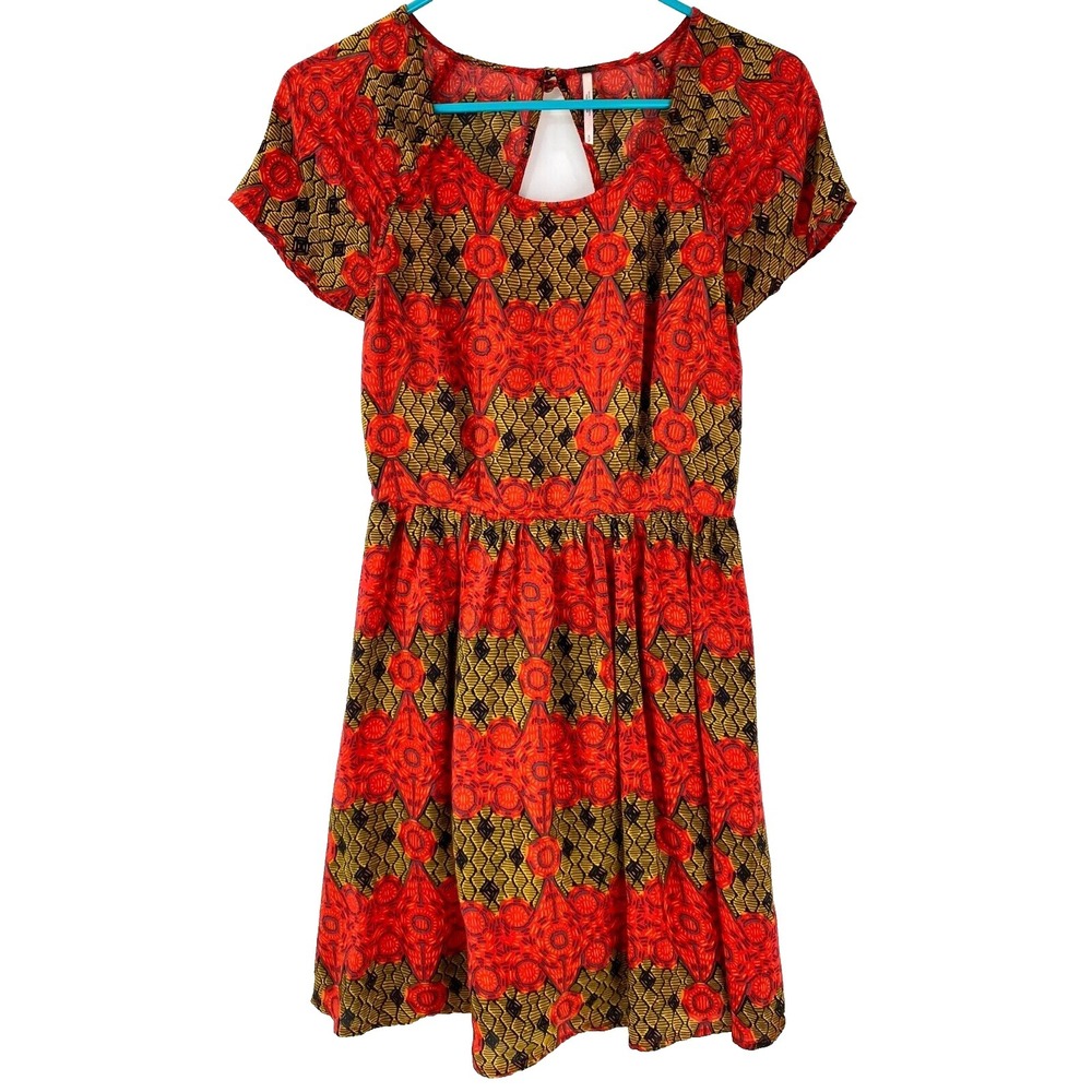 Women's Dress Size S P Small Petite Cotton-Rayon Blend Lined Red Gold Casual EUC
